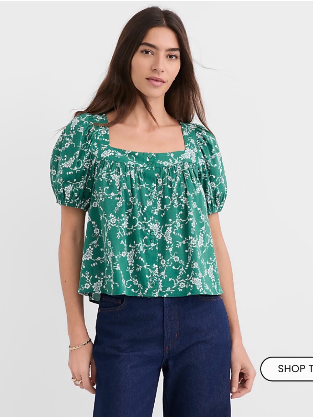 LOFT Green Floral Square-Neck Puff Sleeve Blouse